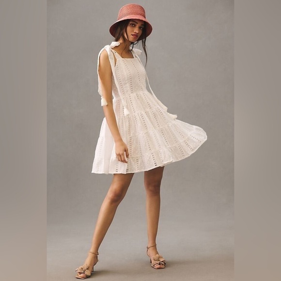 NWT Anthropologie x Mille Shoulder Tie Eyelet Mini White Dress Tassels Large - Picture 1 of 15